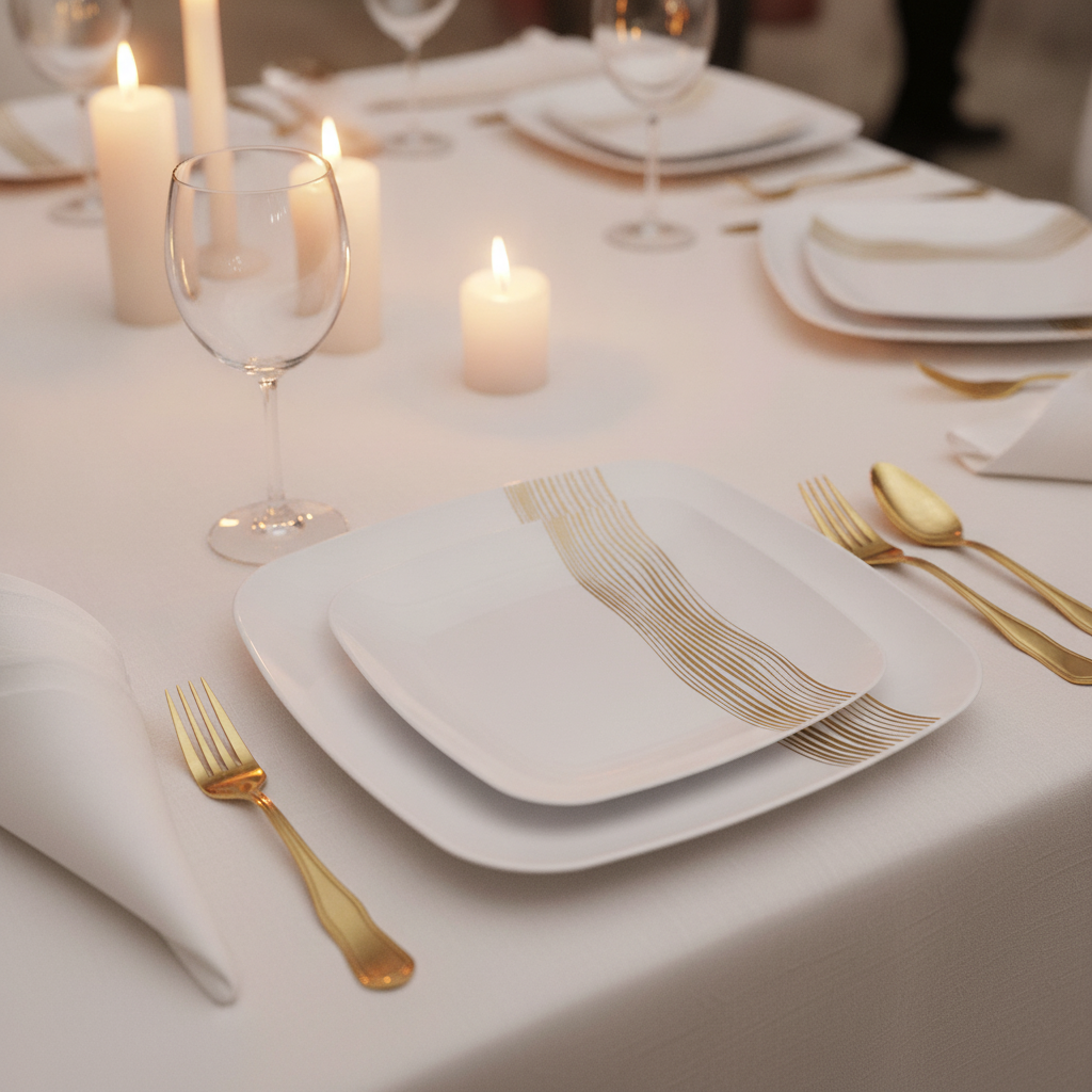 Place setting with stacked white square gold-wavelet plastic plates, gold cutlery and napkin