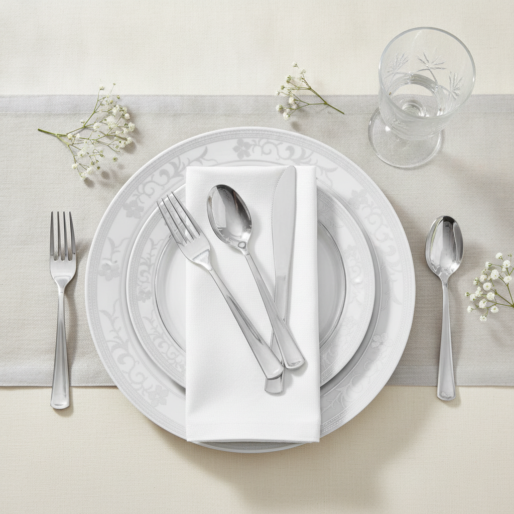 White silver floral-rim plates with silver cutlery in an elegant flat-lay wedding place setting
