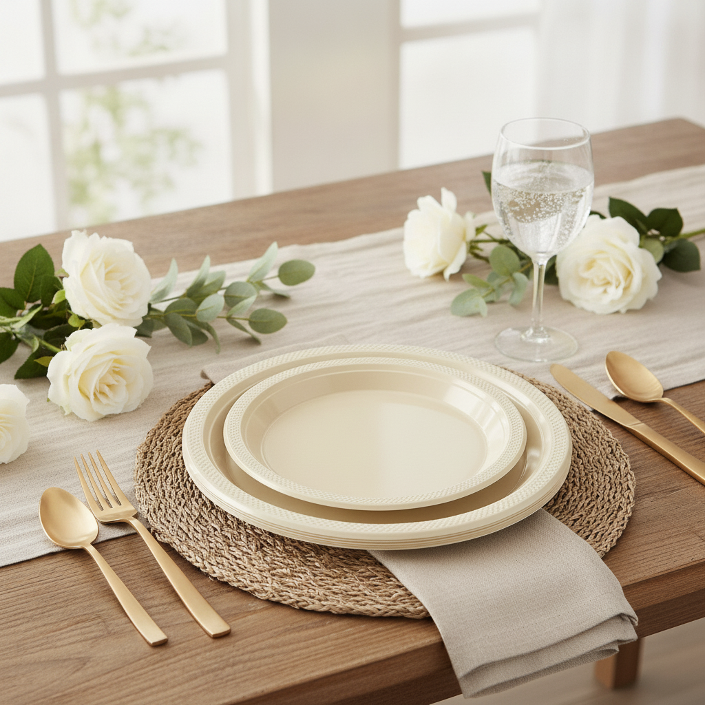 Ivory disposable plastic plate place setting with gold flatware and white roses