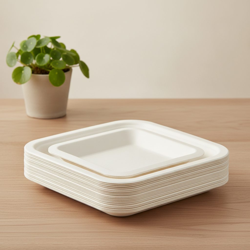 Stack of natural off-white square bagasse plates on light wood