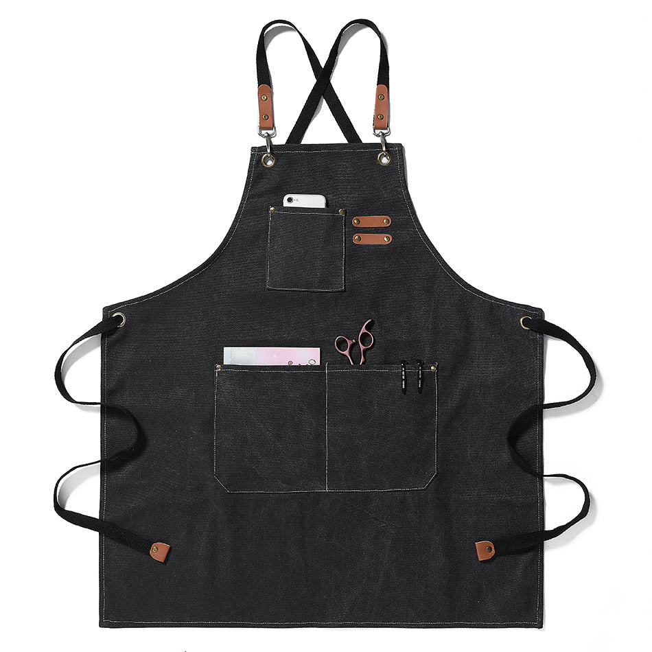 Waxed Canvas Cross-Back Apron with Leather Straps