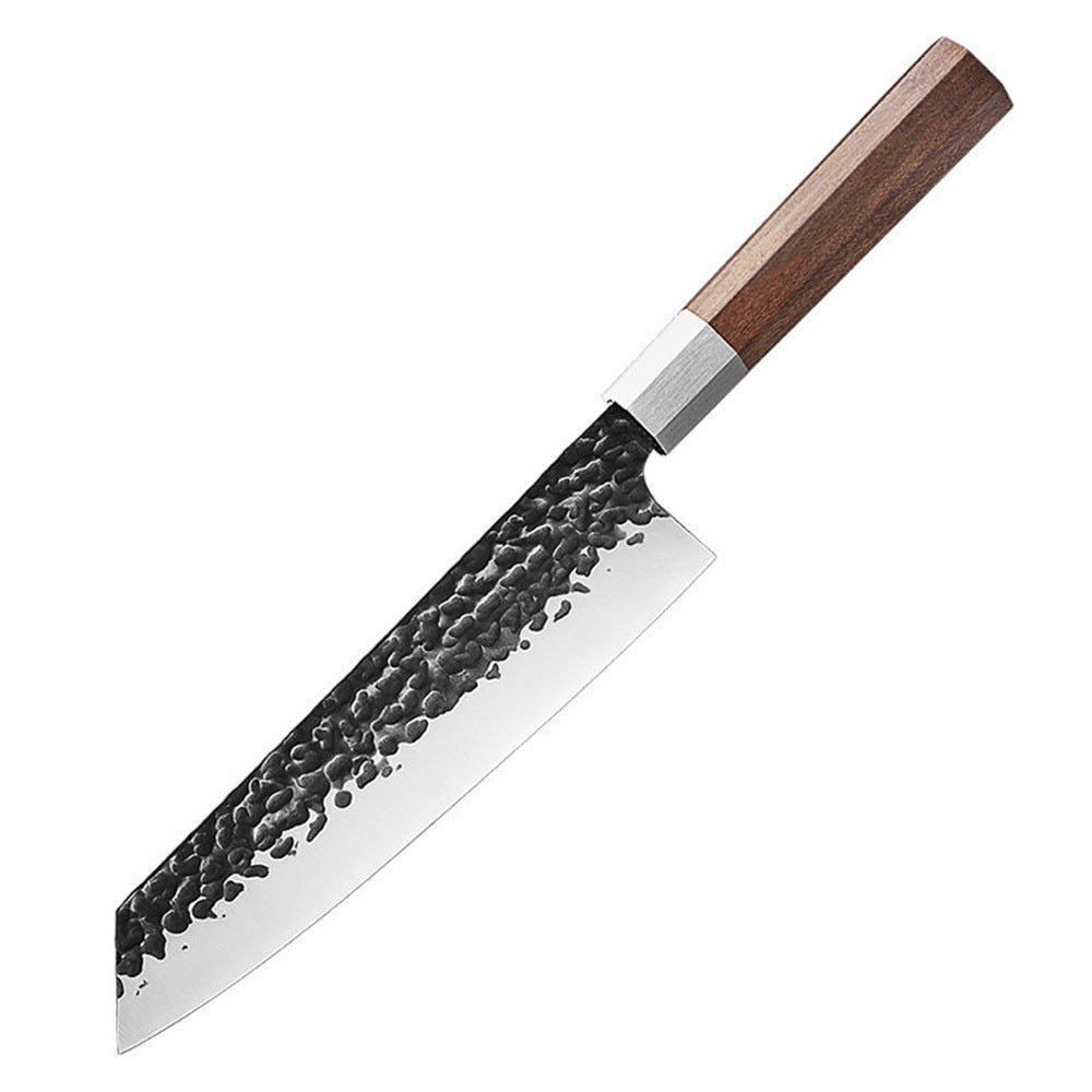 Hand-Forged Hammered Steel Kitchen Knife with Octagonal Walnut Handle