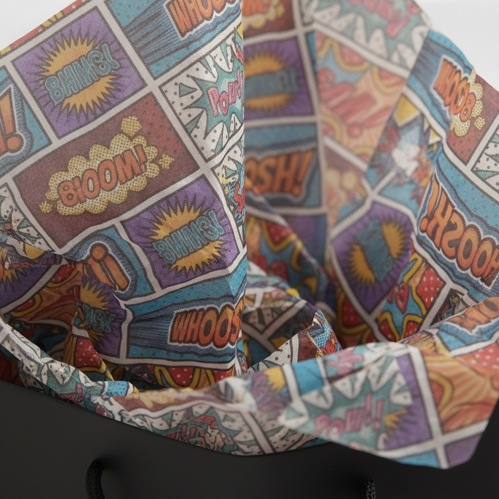 Macro of crinkled superhero comic-book tissue paper showing the vivid panels and sound effects