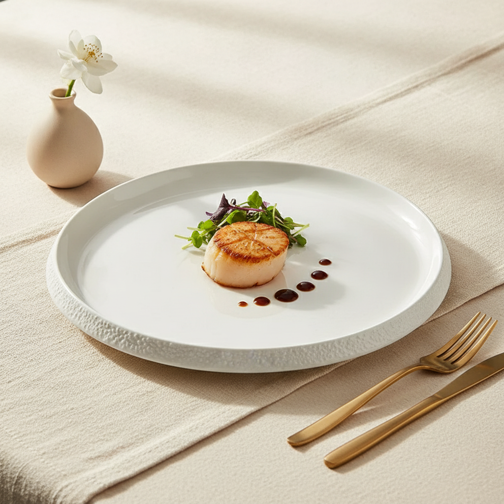 Riva coupe plate with a plated seared scallop on a cream linen runner with gold cutlery