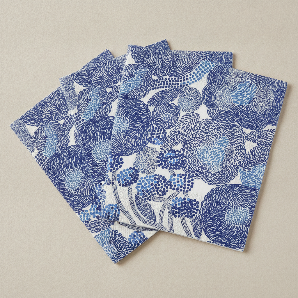 Close-up of cobalt and cream Scandinavian floral paper napkins fanned out