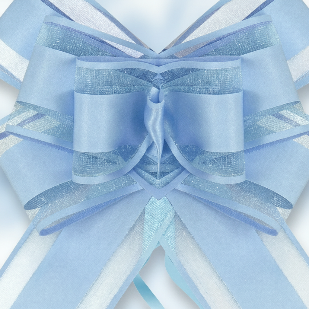 Macro detail of a light blue layered satin and organza pull bow