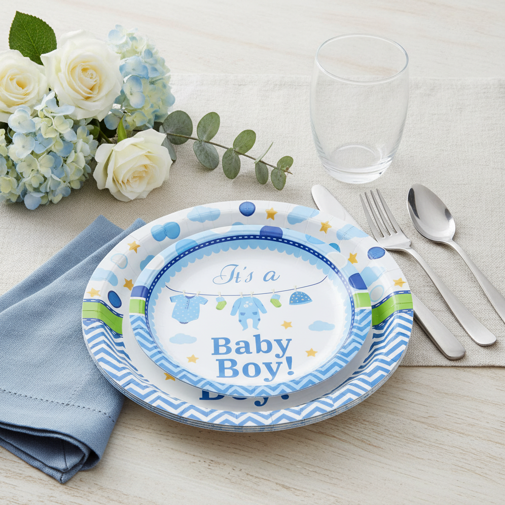 Blue It's a Baby Boy disposable paper party plates styled baby shower place setting