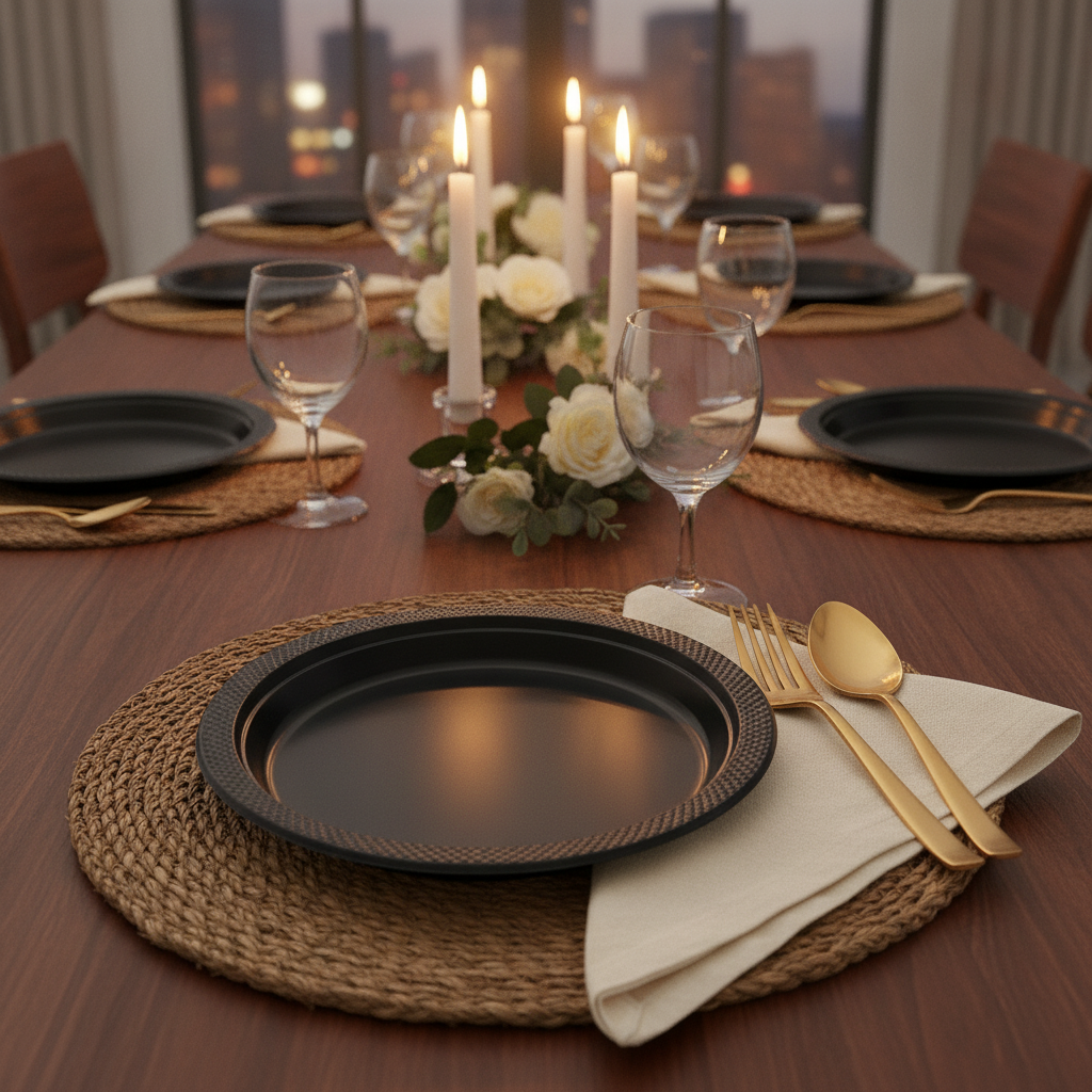 Modern dinner table with black disposable plate place settings and candles