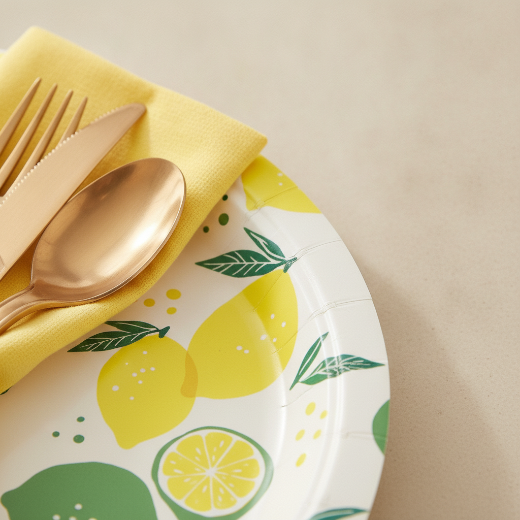 Macro detail of the lemon-print disposable paper plate showing matte paper and thin edge