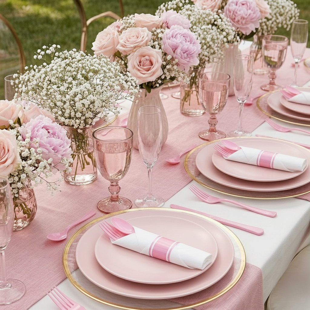 Bridal shower table set with pre-rolled pink cutlery white napkins peonies and candles