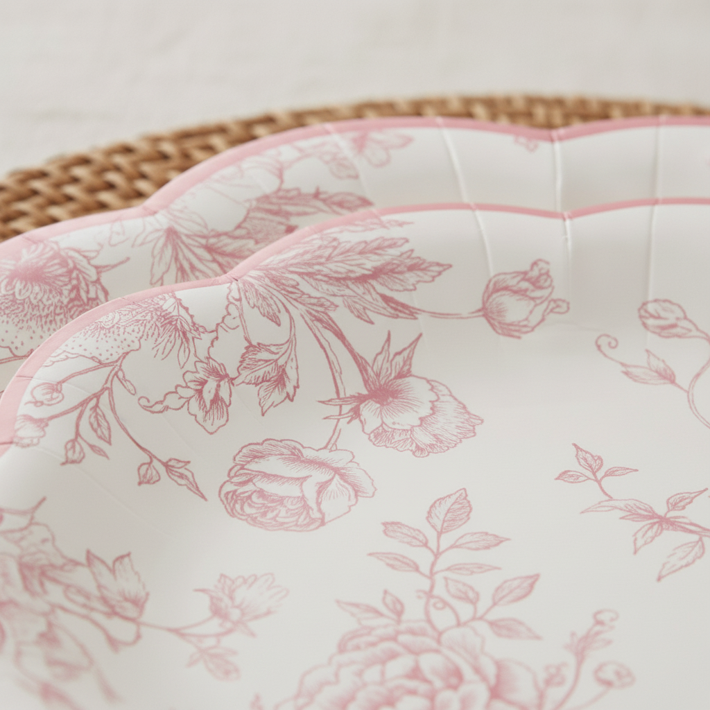 Close-up of pink floral toile print and scalloped edge on paper dessert plate
