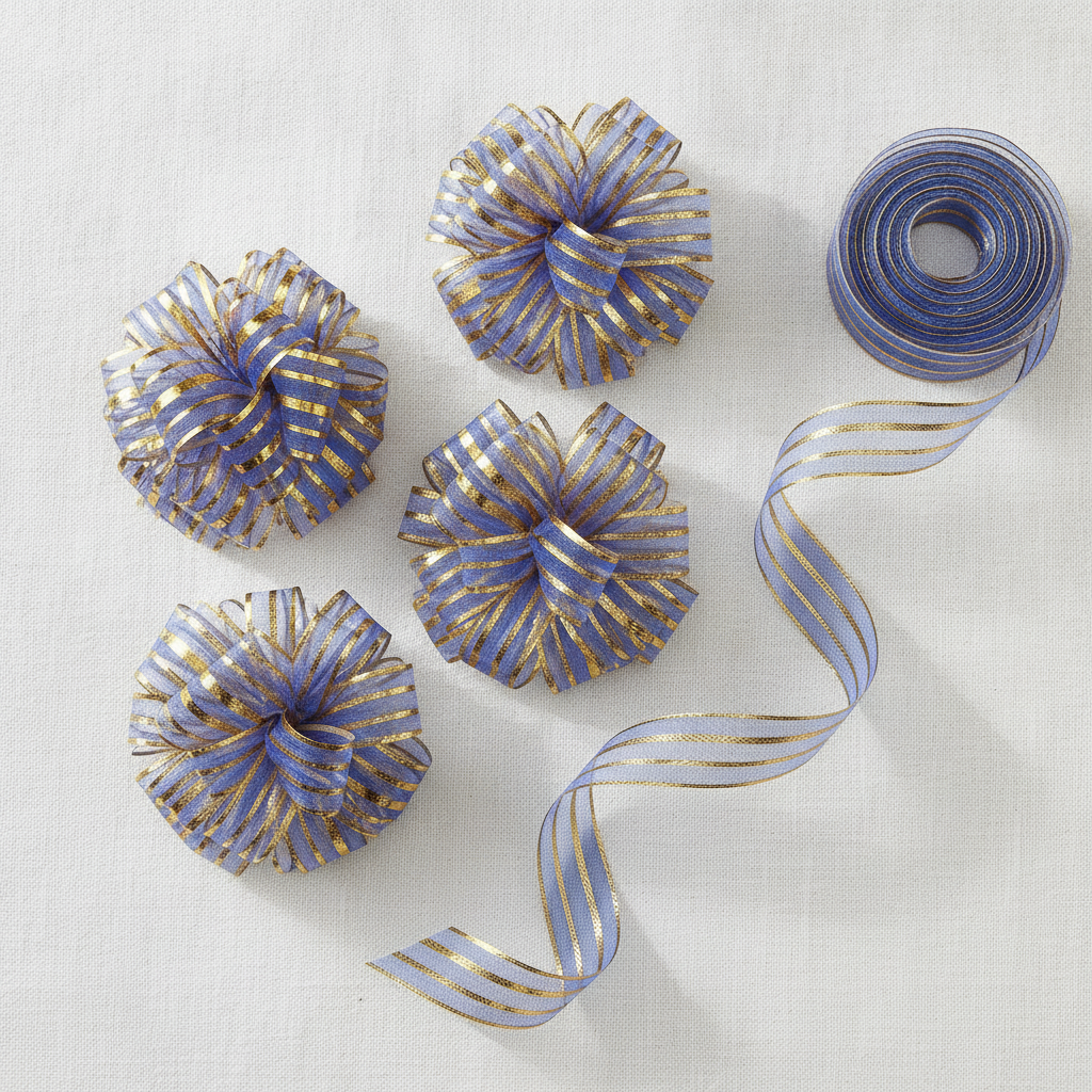 Flat-lay of blue and gold organza pull bows with a coil of ribbon