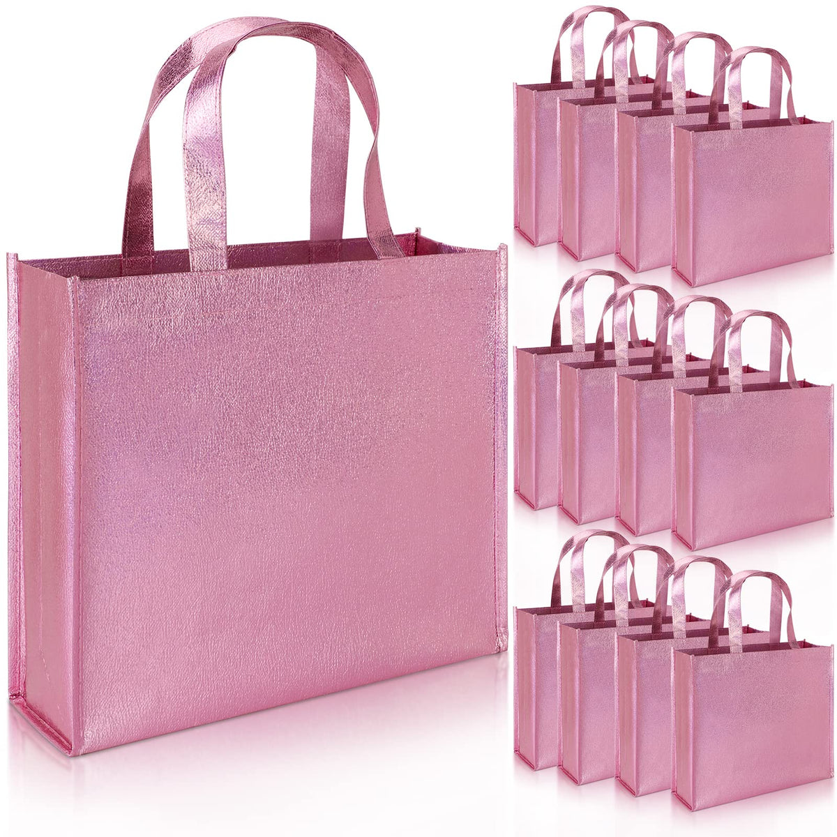 Large Pink Metallic Gift Bags, 12.6 x 10.6 x 3.9 in, 12 ct
