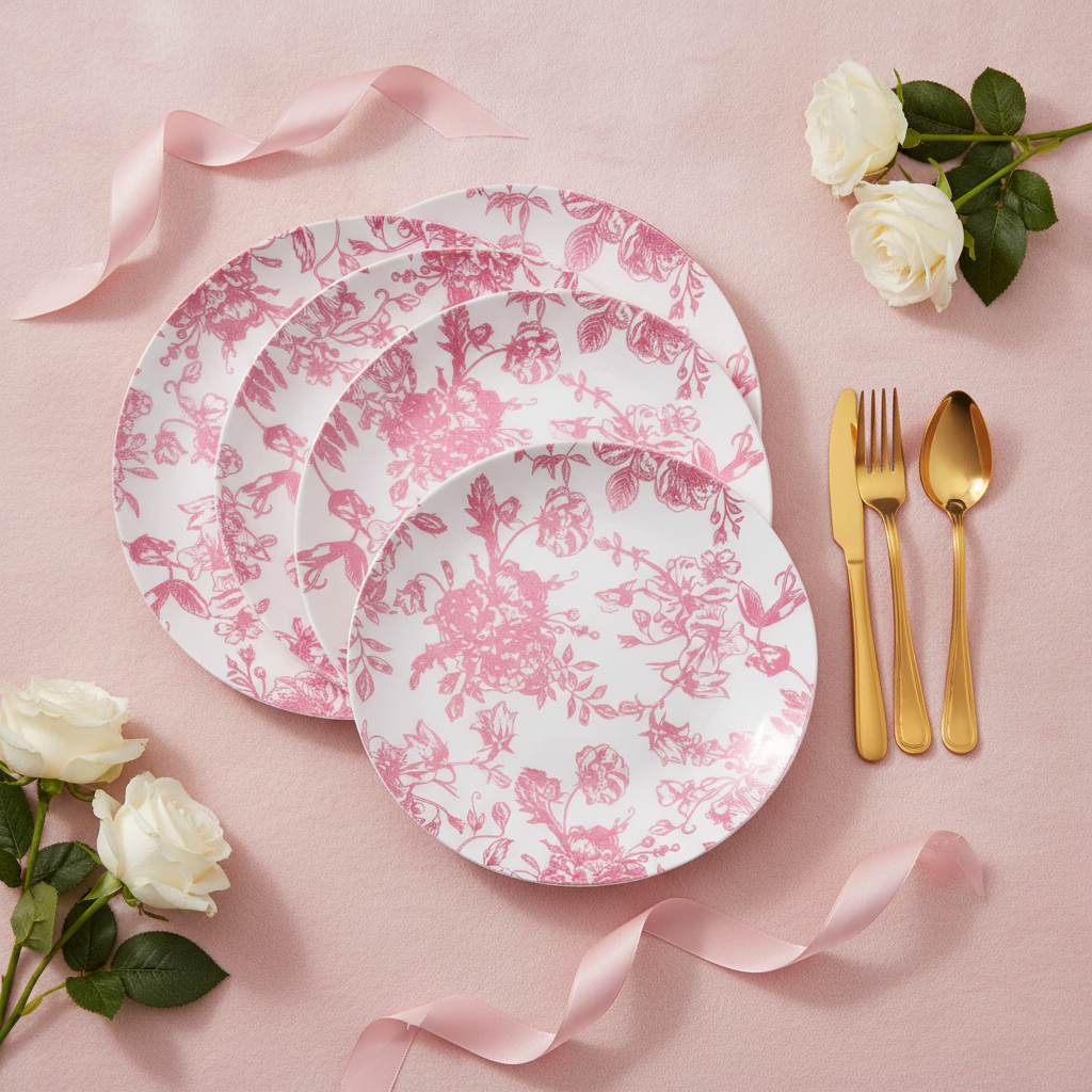 Overhead flat-lay of pink floral toile party plates with roses and gold cutlery