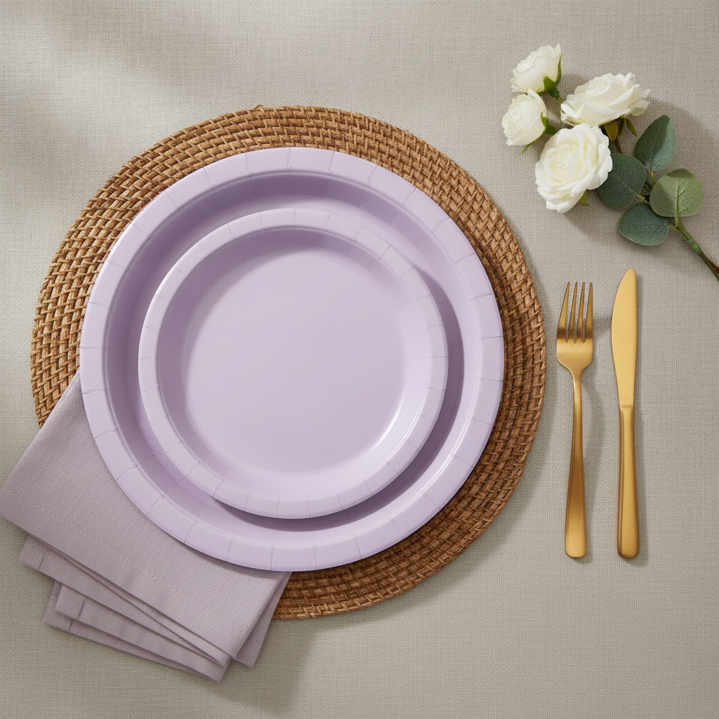 Lavender disposable paper plates overhead place setting with gold cutlery and white roses
