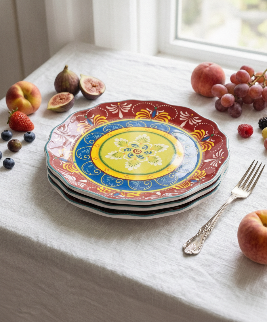 Stack of colorful Mediterranean floral ceramic dinner plates showing the glossy painted rim