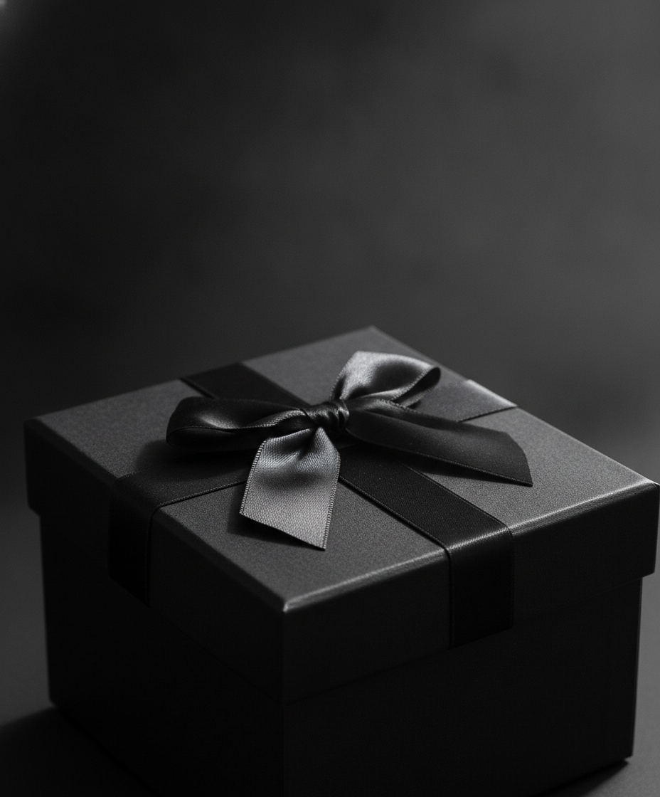 Close-up of black satin ribbon bow on a matte black gift box lid