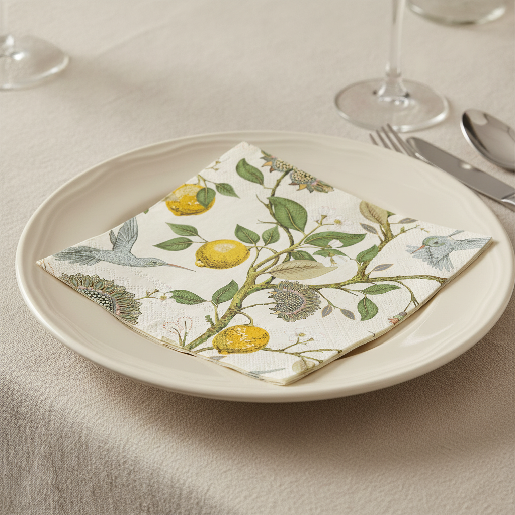 Lemon and blue bird paper napkin folded on a plate in a summer place setting