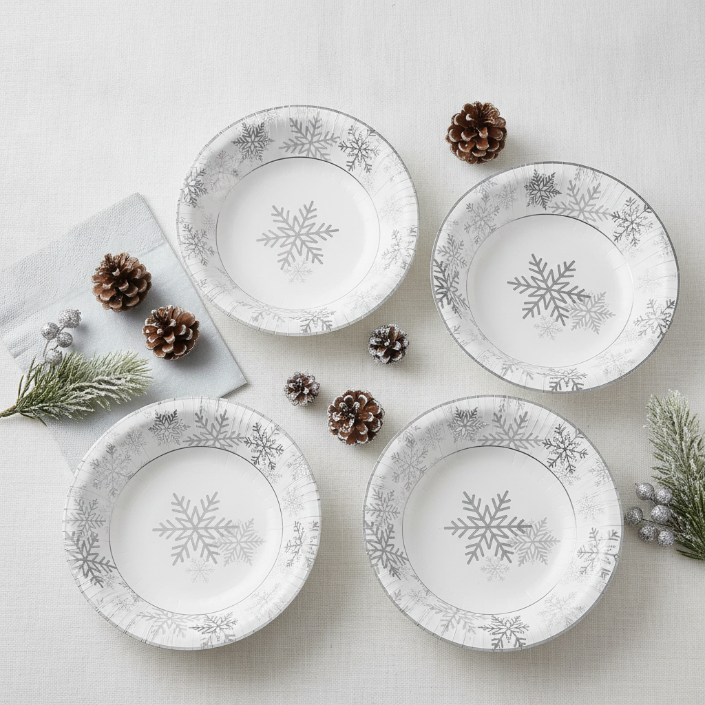 Flat-lay of silver snowflake paper bowls with pinecones and silver napkins