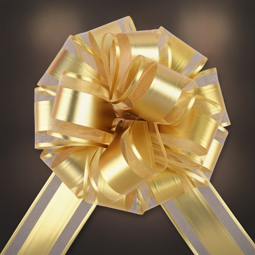 Close-up of glossy gold pull bow ribbon loops and rosette shape
