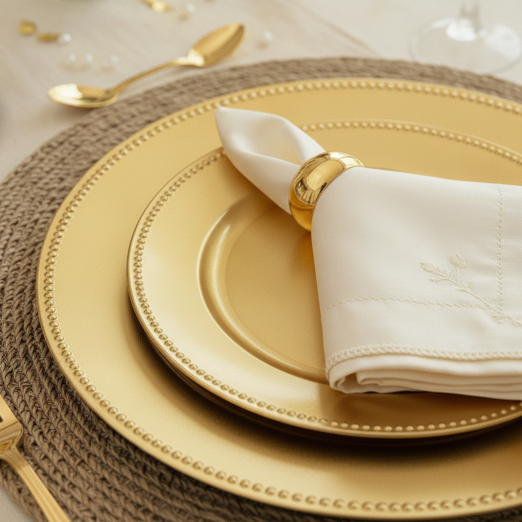 Close-up of gold beaded charger plate with white napkin in gold napkin ring