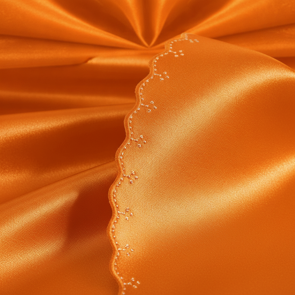 Close up of burnt orange satin napkin showing scalloped edge and silky sheen