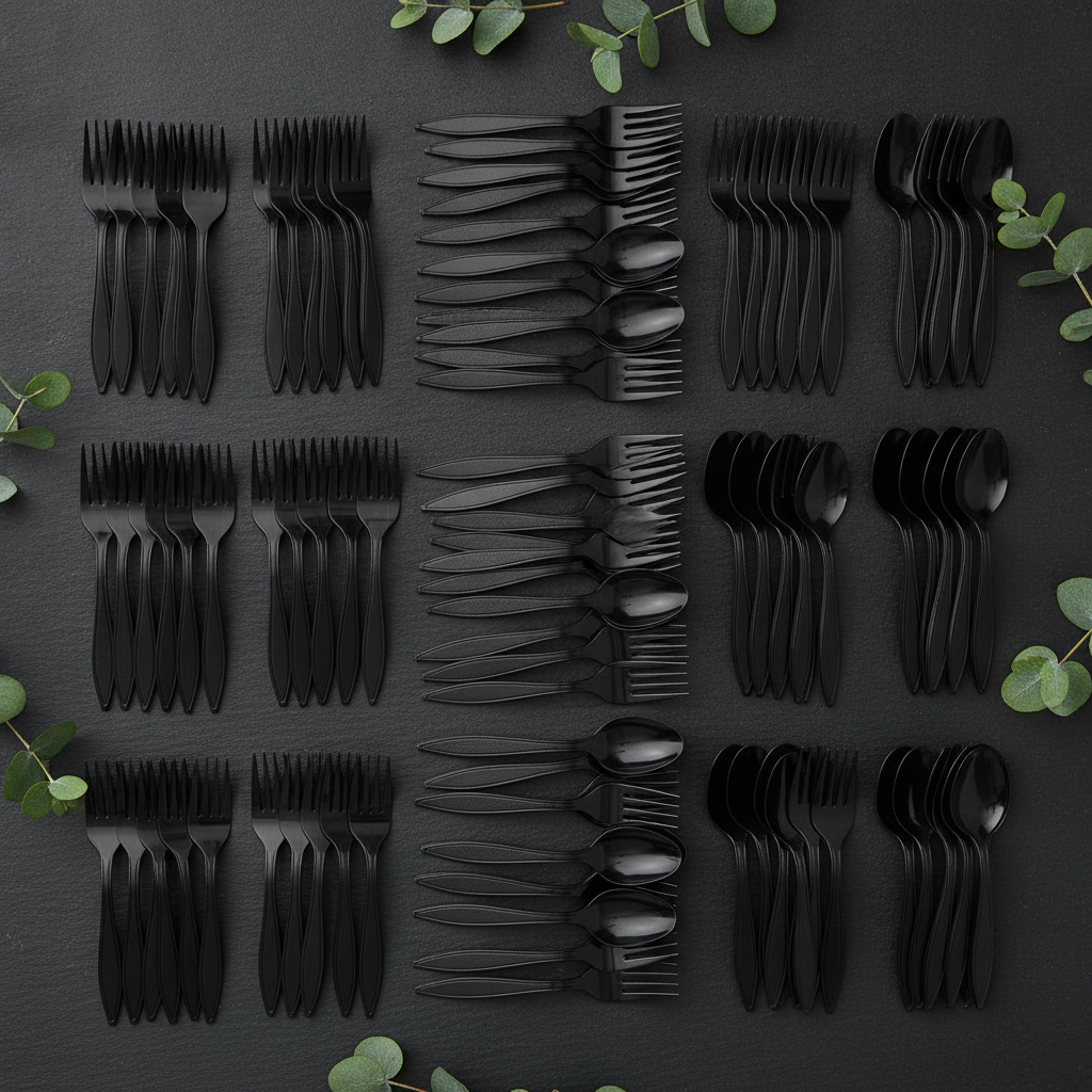 Bulk party pack of black plastic forks knives and spoons in neat rows flat-lay