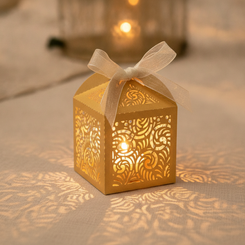 Gold filigree favor box glowing with a tea light showing the cutout pattern