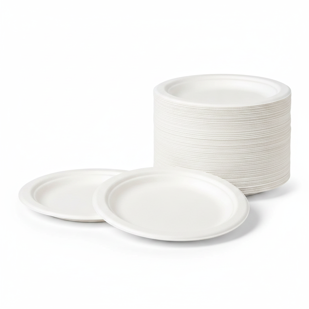 Neat stack of plain white compostable sugarcane bagasse plates on a clean white background