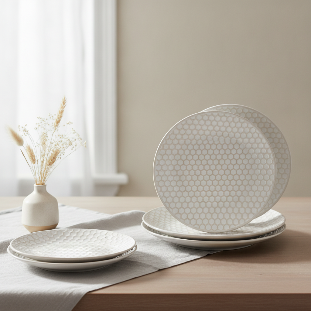 Styled stack of embossed porcelain salad plates on a neutral table
