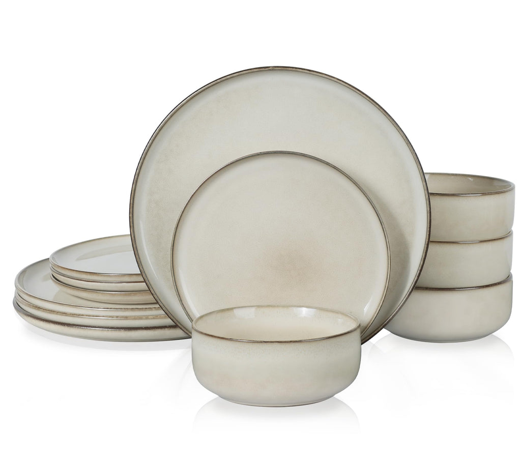 Reactive Glaze Stoneware Dinnerware Set, 12-Piece, Beige