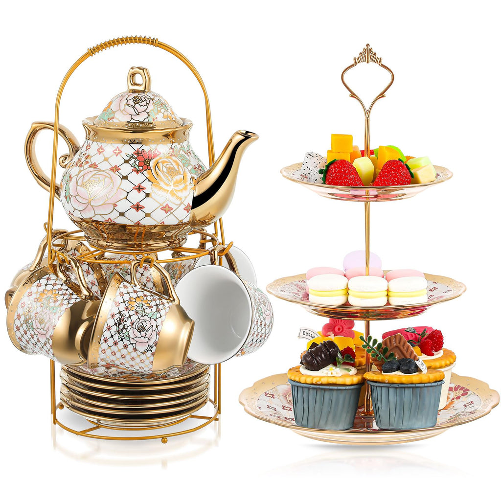 European Ceramic Tea Set with Cake Stand, 21-Piece