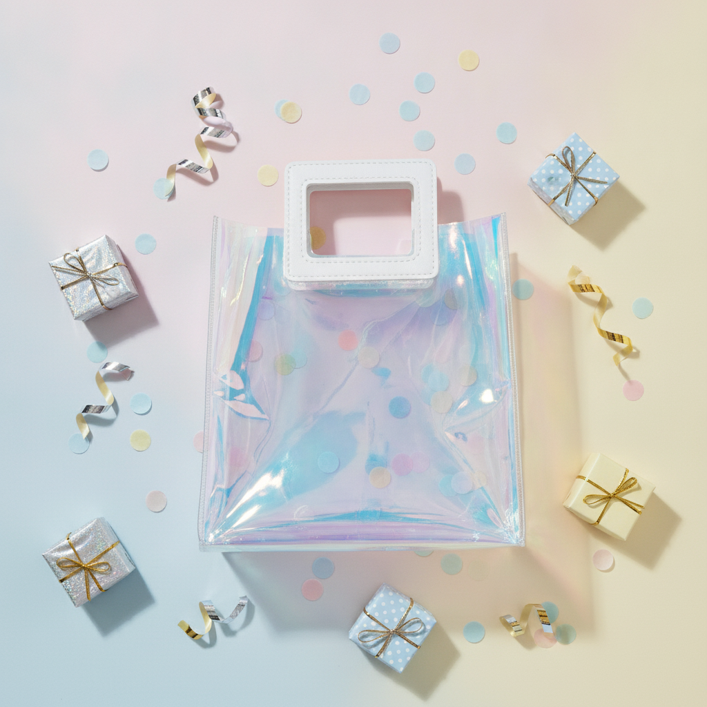 Overhead flat-lay of iridescent holographic gift tote with confetti and gifts