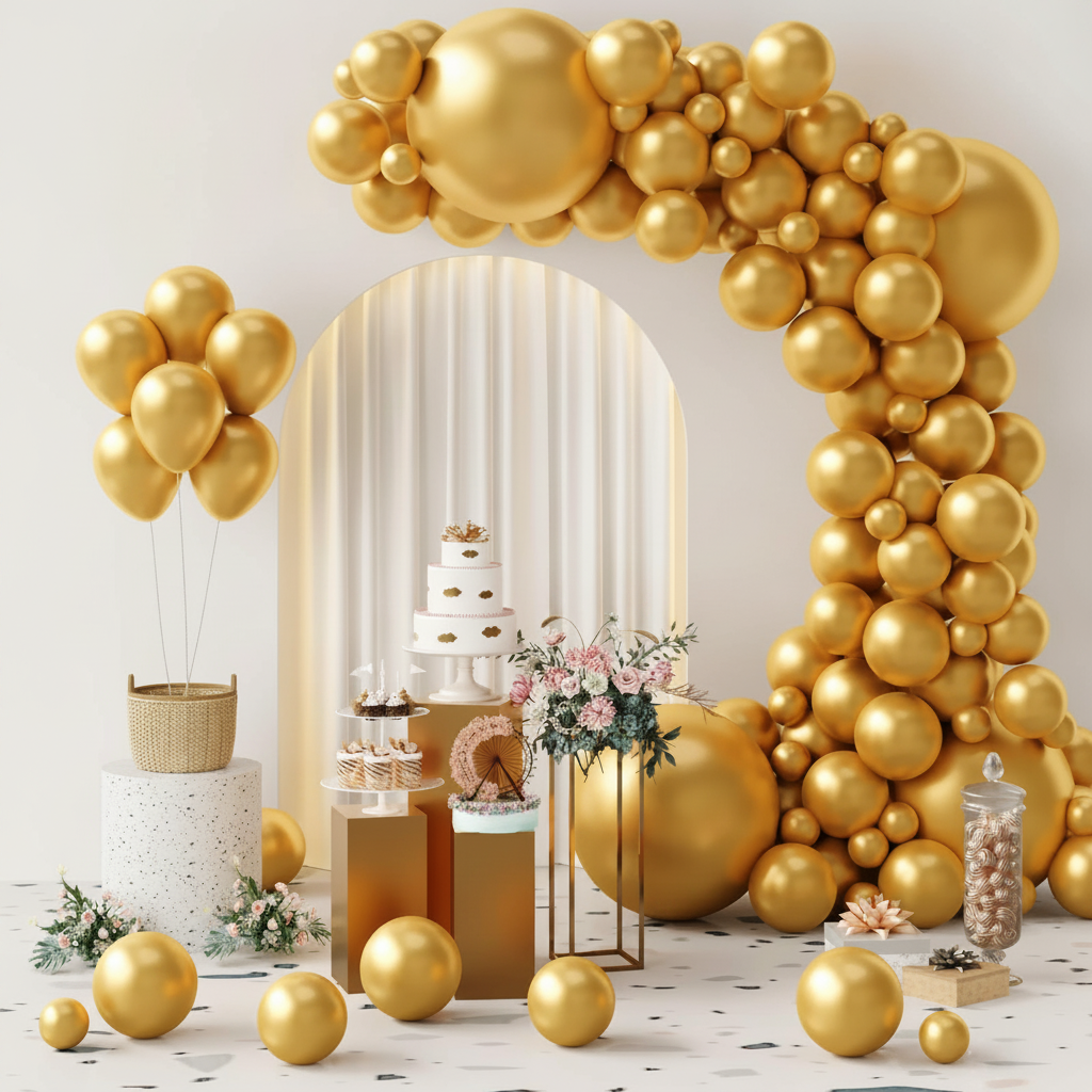 Metallic gold balloon garland arch assembled against a soft white party wall