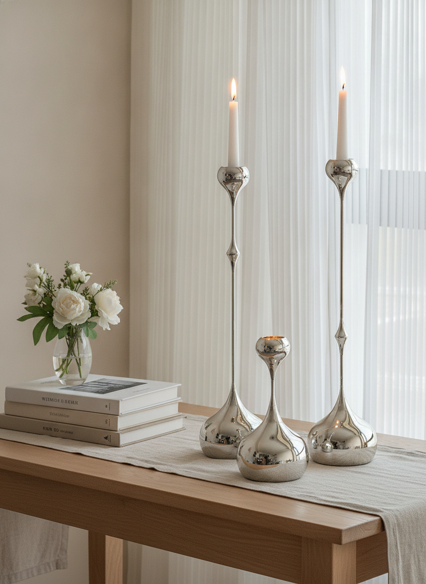 Styled console vignette with the three silver teardrop candlesticks, white blooms and design books