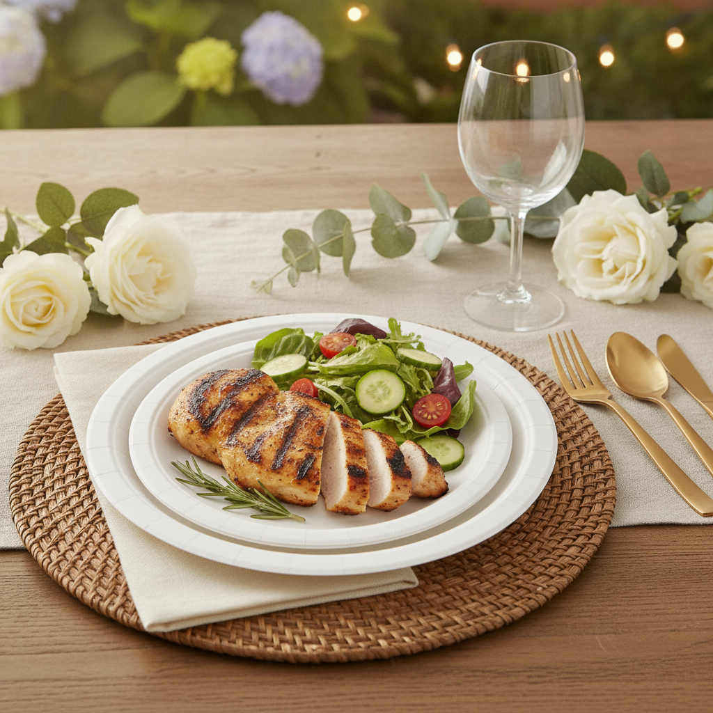 White paper dinner plate with grilled food at an outdoor barbecue