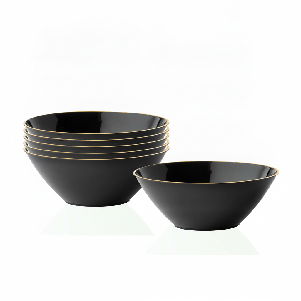 Stack of black gold-rim disposable plastic party bowls on white background