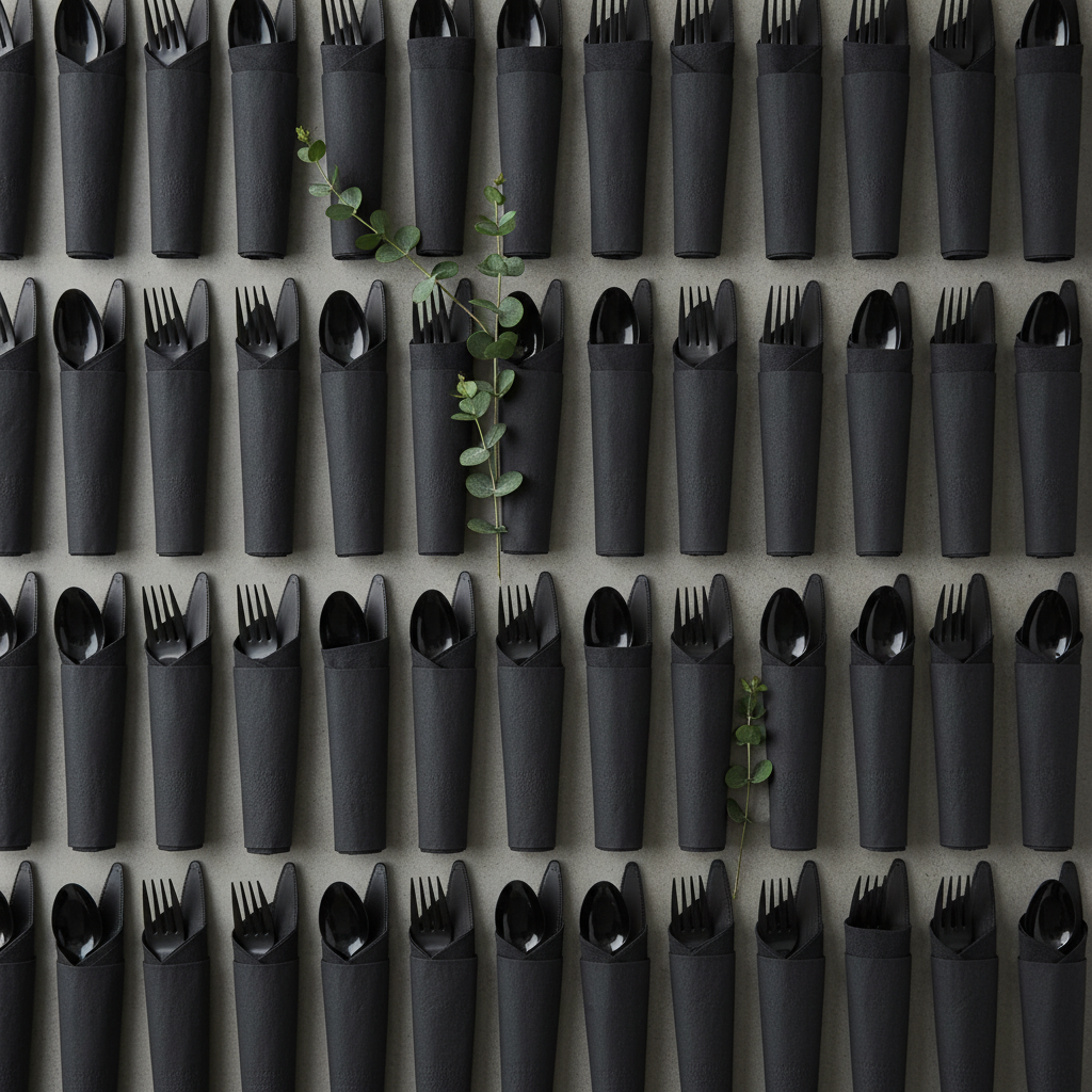 Catering display of pre-rolled black cutlery and black napkin sets in tidy rows flat-lay