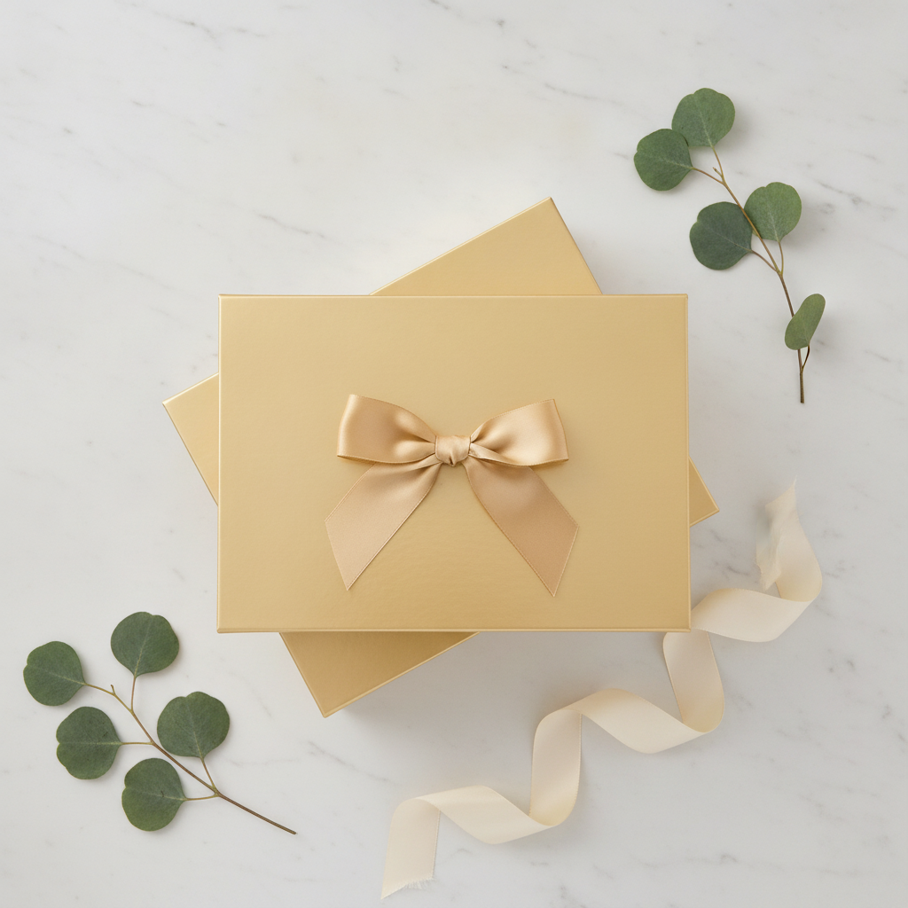 Overhead flat-lay of two stacked gold gift boxes with ribbon bows on marble with eucalyptus