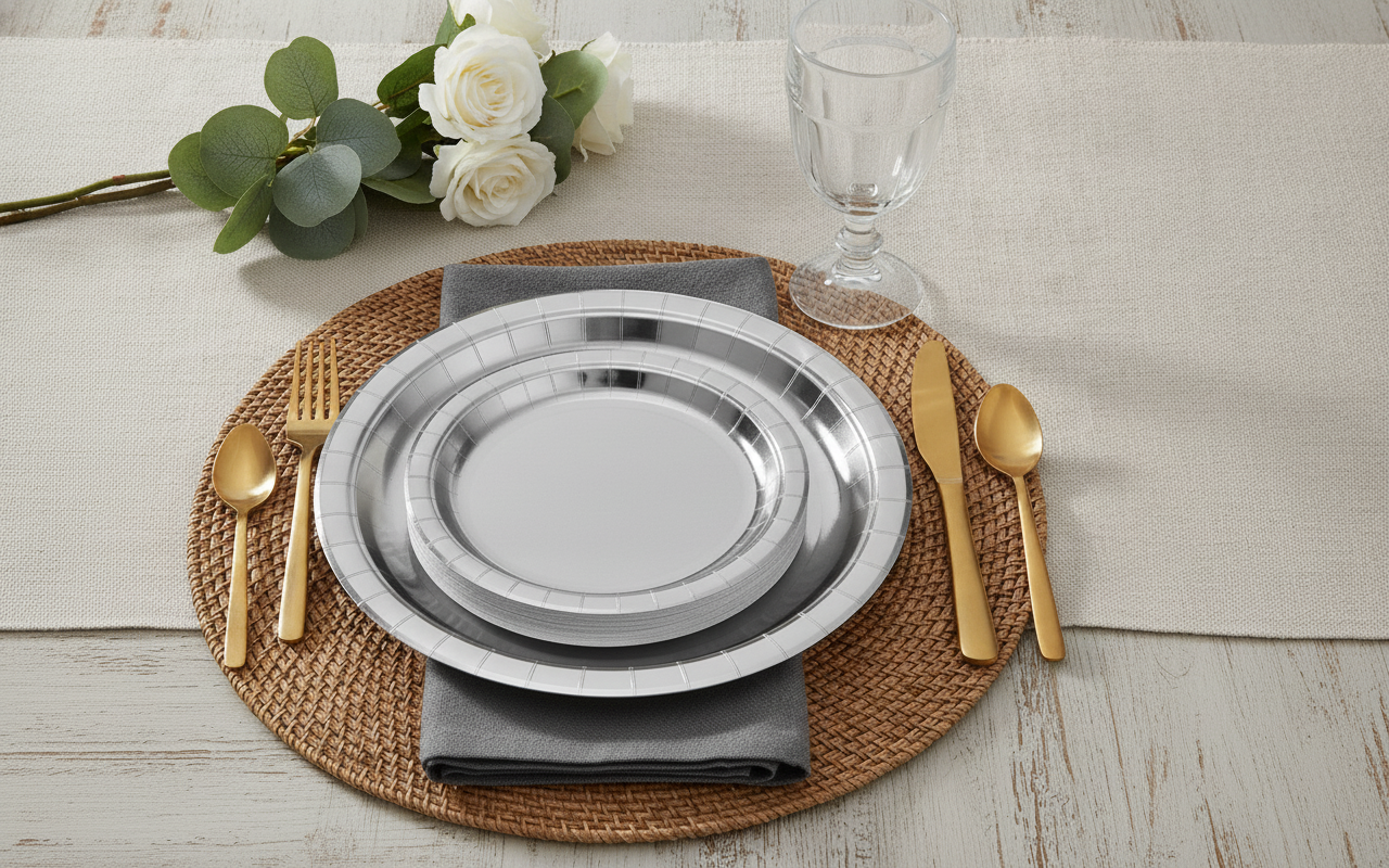 Smooth silver paper party plates place setting on a rattan placemat with gold flatware and white roses