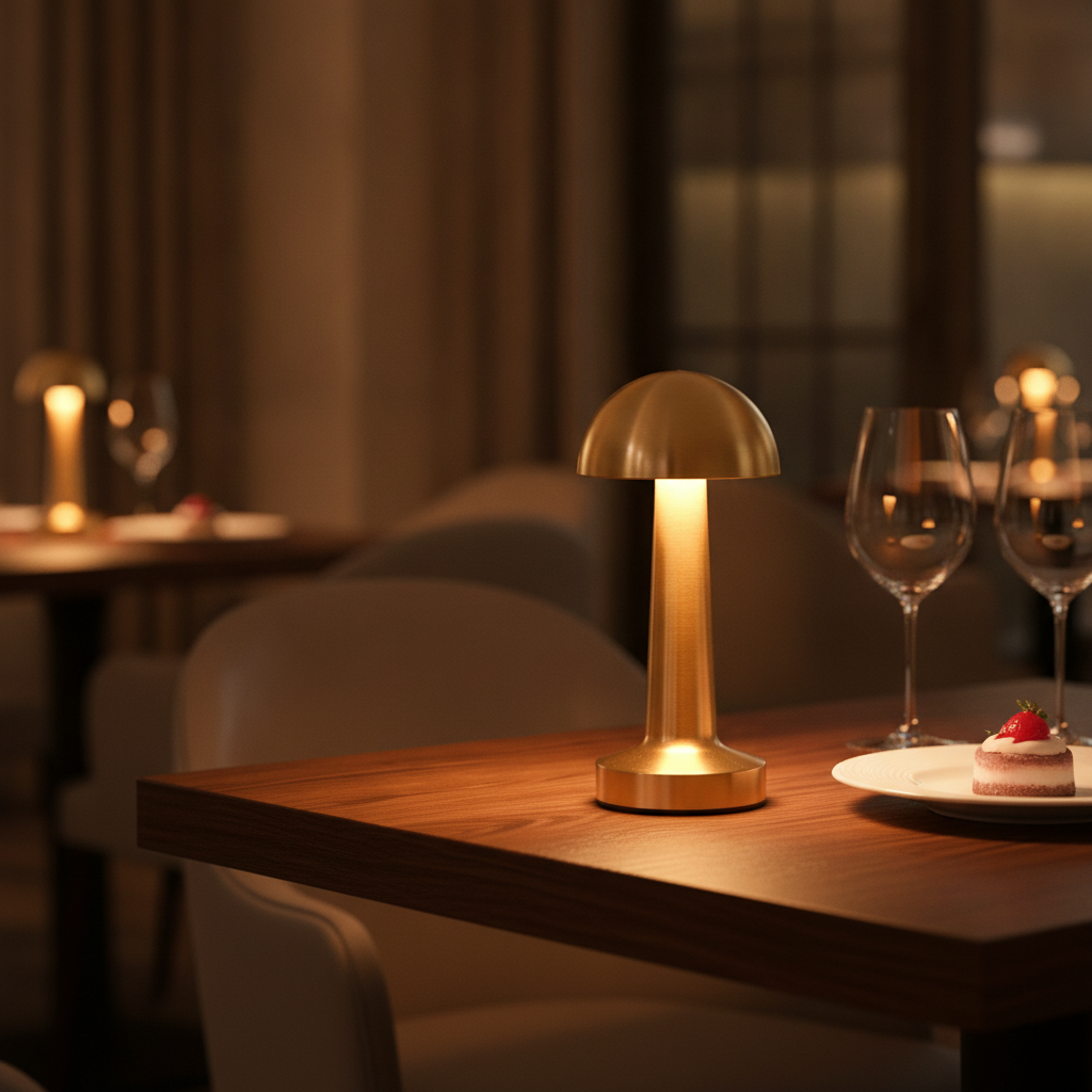 Cordless brass lamp creating intimate ambiance on a restaurant-style dining table