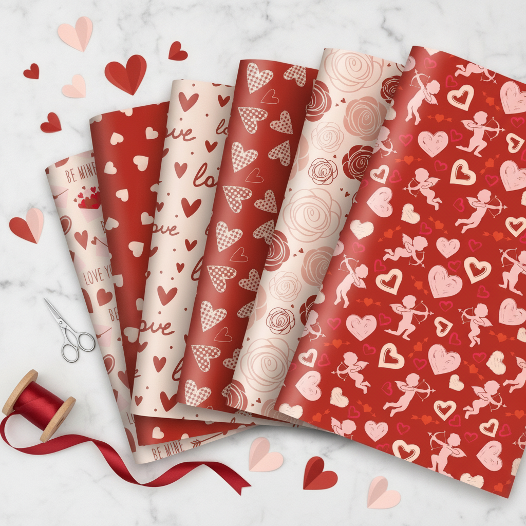 Overhead flat-lay of Valentine heart wrapping paper sheets with ribbon and scissors