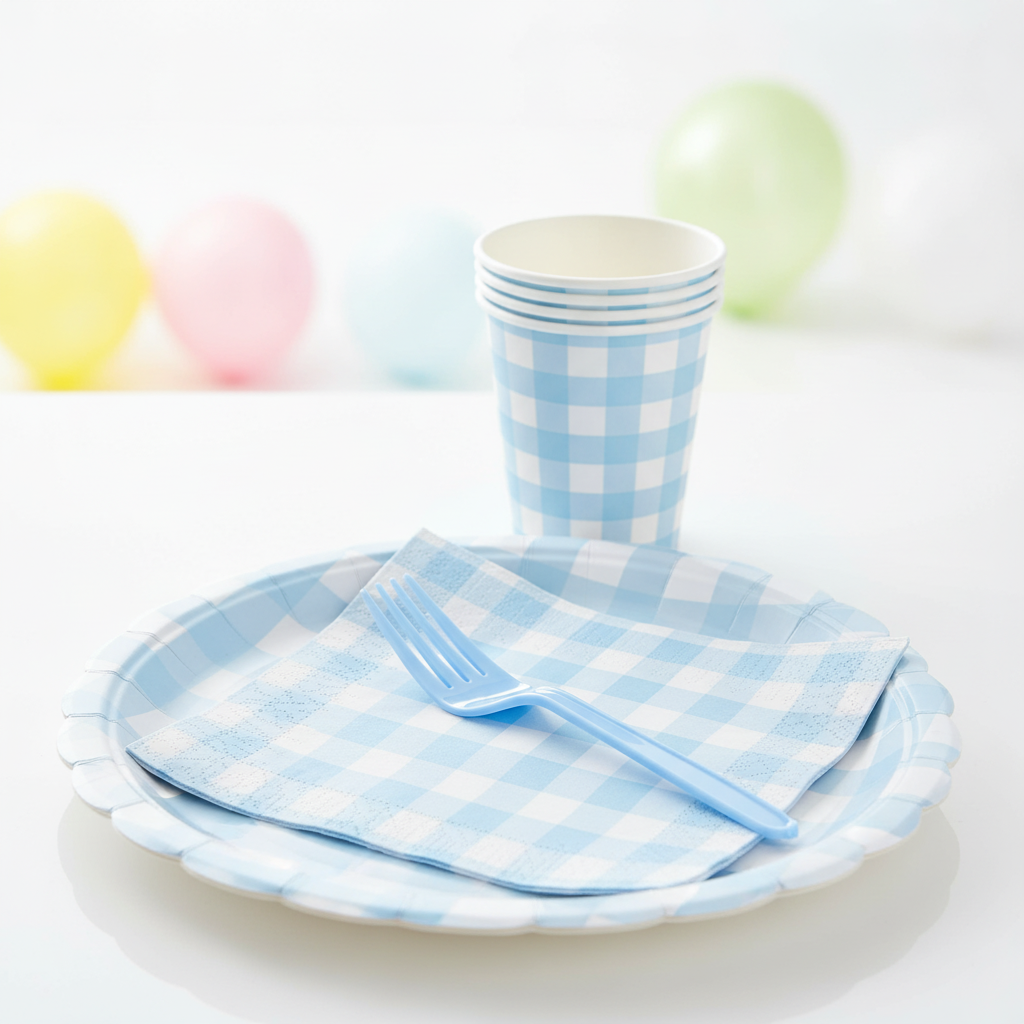 Blue gingham paper plate place setting at a baby shower table