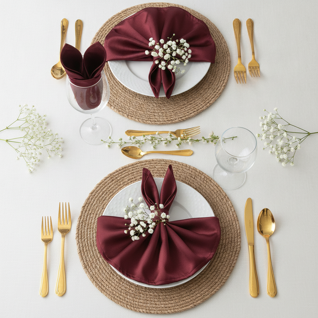 Burgundy satin napkins styled wedding tablescape flat lay with gold cutlery