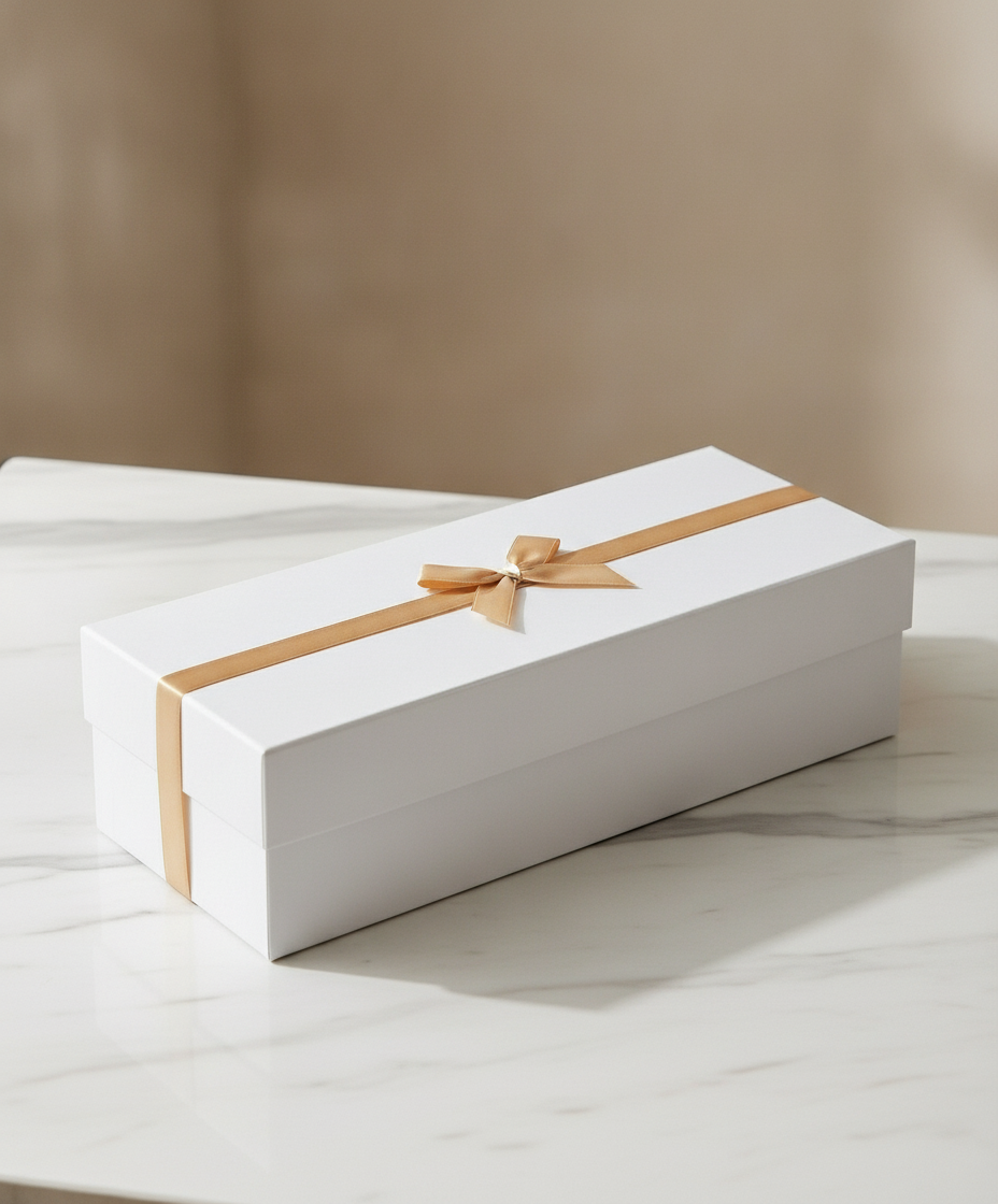 Long white magnetic gift box with gold ribbon on a marble surface