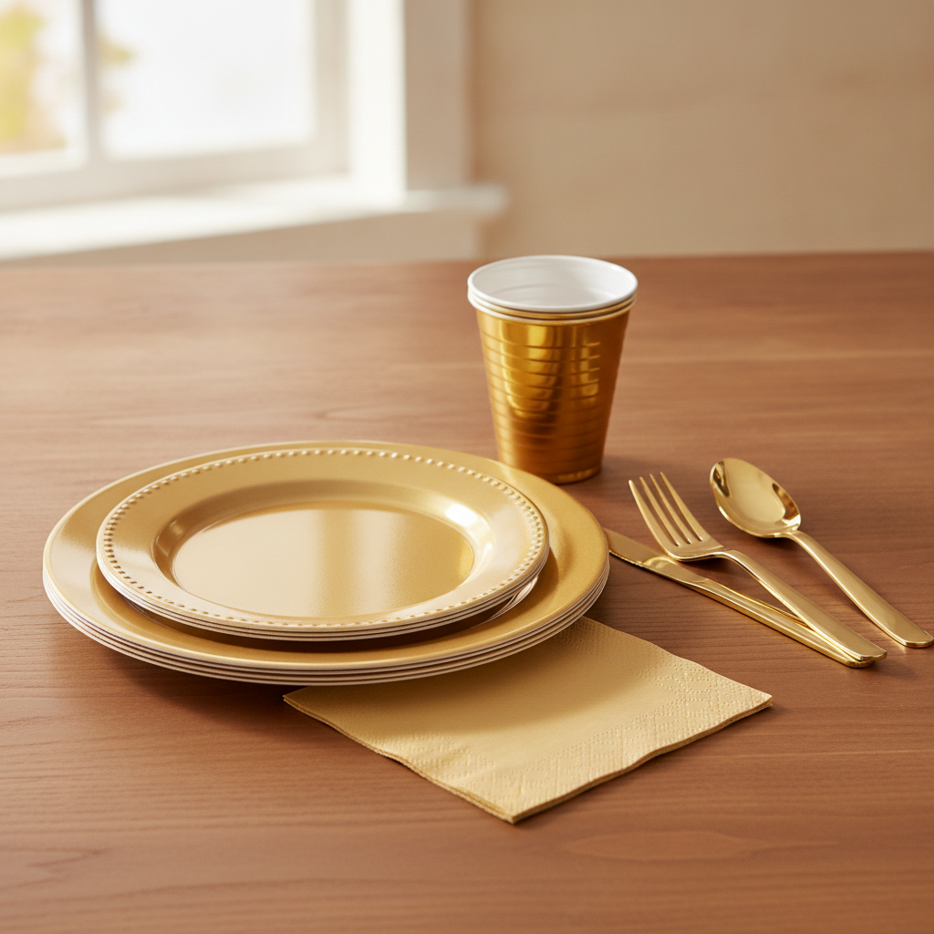 Angled shot of stacked gold disposable plates with gold cup and cutlery on wood
