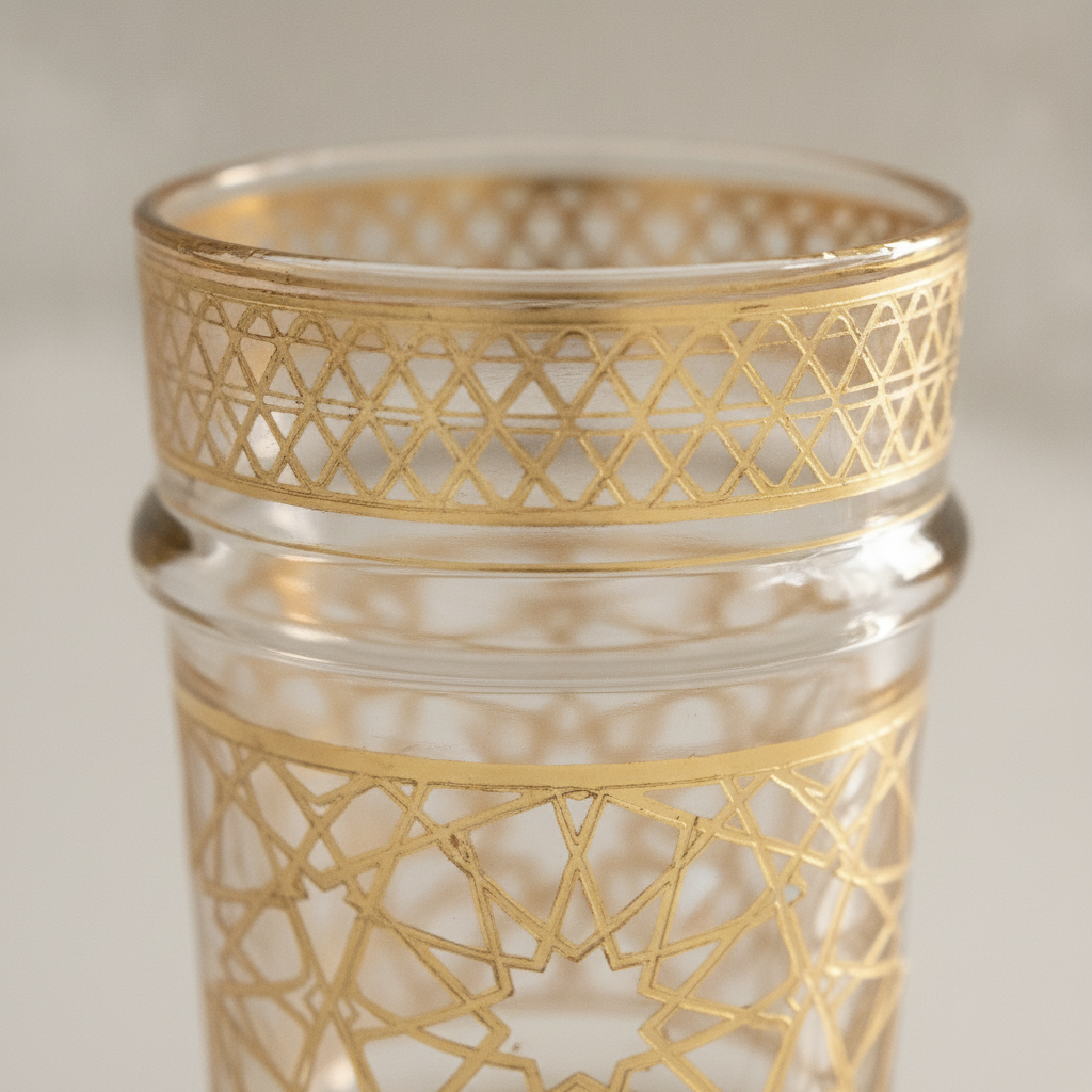 Macro of the intricate gold zellige lacework gilded onto the clear Moroccan tea glass