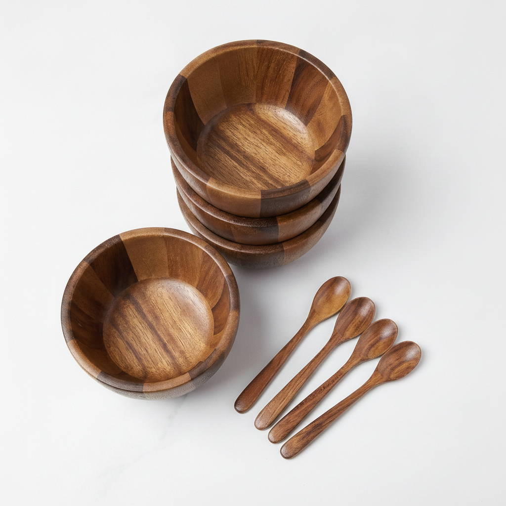 Four nested acacia wood serving bowls with four wooden spoons on a clean white background