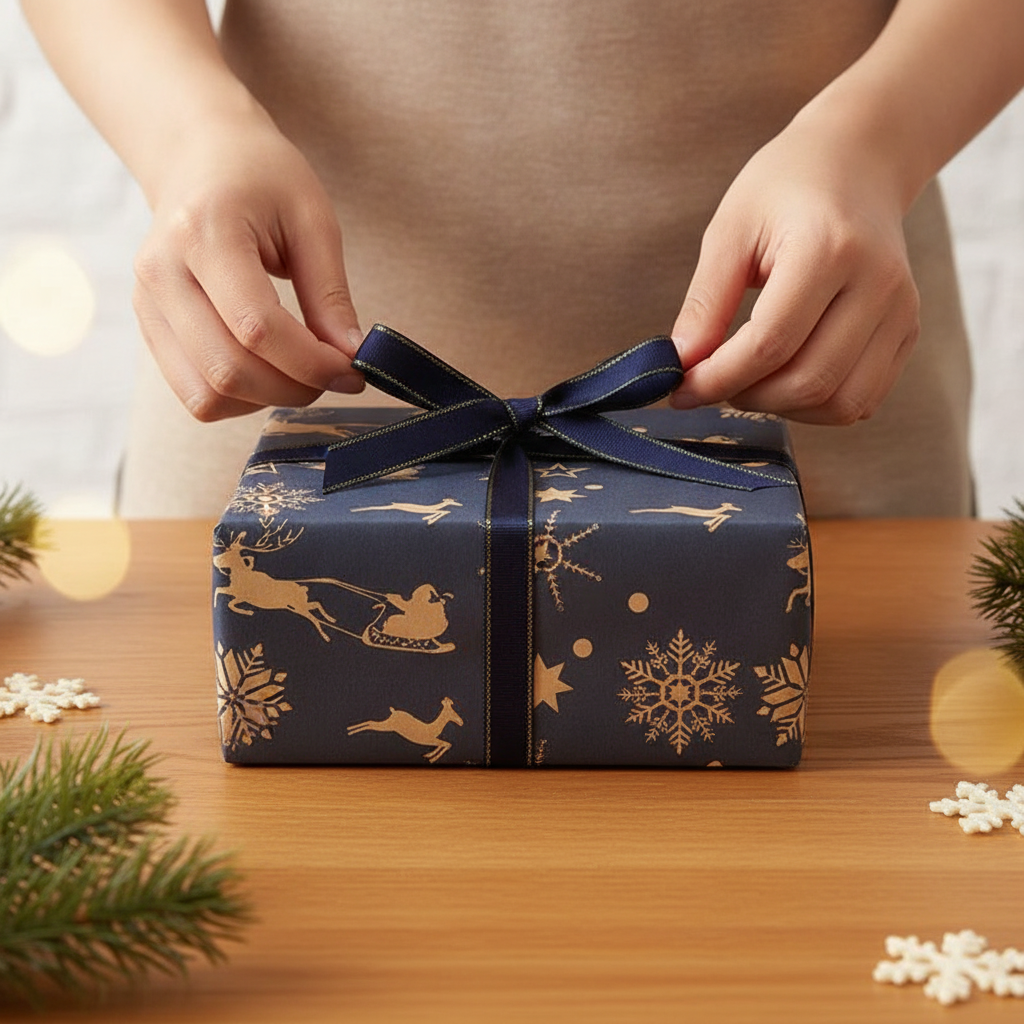 Hands wrapping a gift in navy reindeer kraft Christmas paper with ribbon