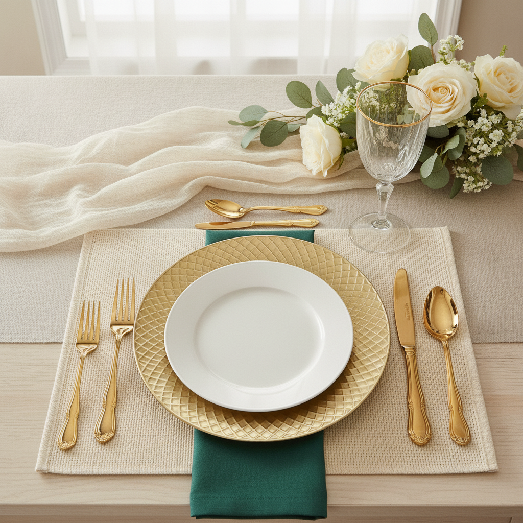 Antique gold charger plate under a white plate with green napkin and gold flatware
